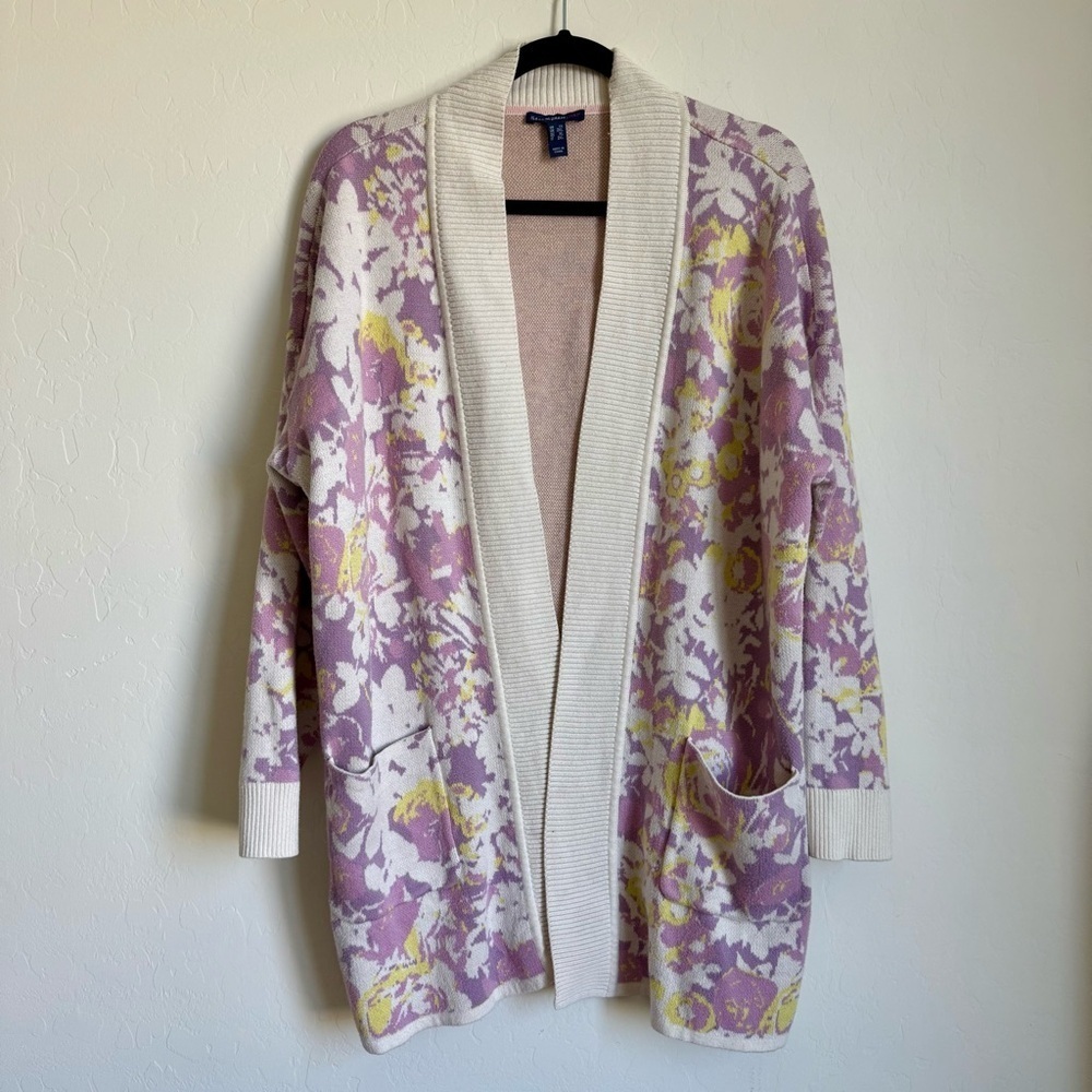 Isaac Mizrahi Live Purple Yellow Spring Floral Tight Knit Long Line Cardigan 1X